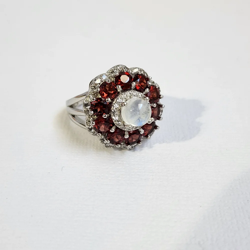 VTG Custom Garnet, Rainbow Moonstone & Zircon 925 Ring Sz 6 - Picture 2 of 13